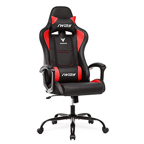 IWMH Gaming Stuhl, Ergonomischer Computerstuhl mit Hoher Rücklehne, Höhenverstellbarer Drehstuhl, Racing Stuhl mit Armlehnen, Verstellbarer Kopfstütze und Lendenstütze (Rot)