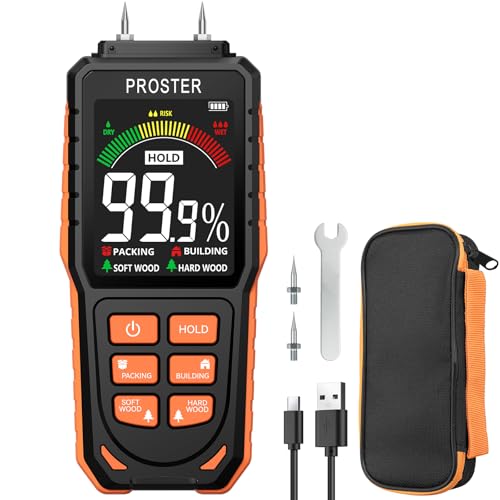 Proster Feuchtigkeitsmessgerät Wiederaufladbar Holzfeuchtemessgerät mit LCD-Display 4 Messmodi Feuchtigkeitsdetektor für Wände, Baustoffe, Brennholz und Gips mit Alarmfunktion, Austauschbare Sonde