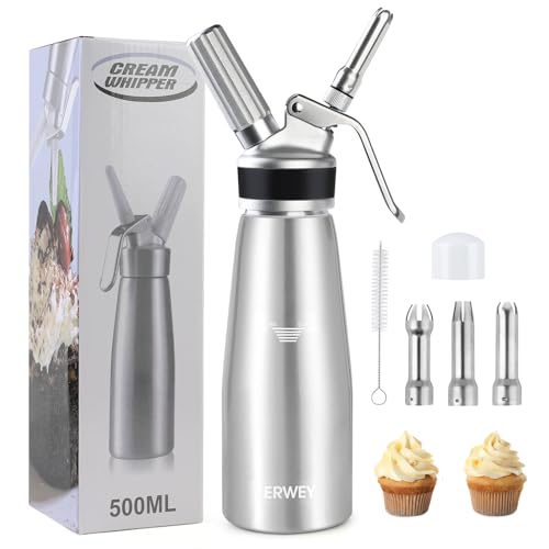 ERWEY Sahnespender 500ML, Sahnesyphon Edelstahl, Sahnesprüher Auslaufsicherer Einfach Reinigen mit 3 Tüllen und 1 Reinigungsbürsten, Schlagsahne Spender für Küche Party Desserts (Silber)