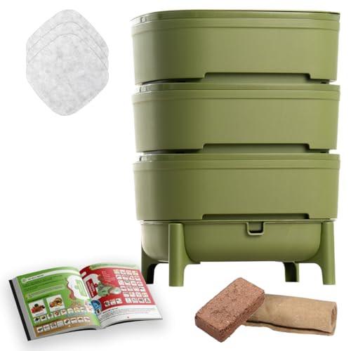 WORMcube Grün Design & Compact I 3-Etagen-Wurmkomposter I Komplett-Set I Stoppfilter zum Ertrinken von Würmern