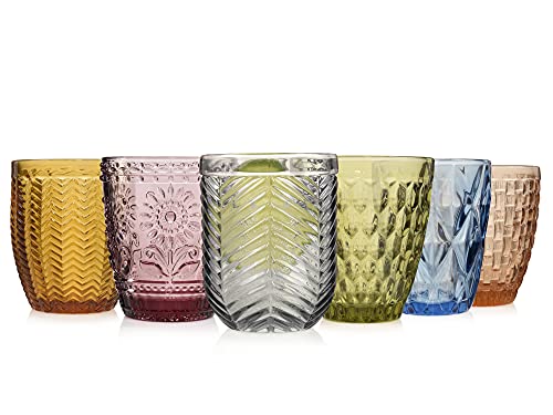 Sänger Trinkgläser Set Porto 6 teiliges Gläser Set für 6 Personen aus Glas, Wasserglas, Mehrfarbig, einzigartiger Schliff, Alltag, Familienessen, Büro, Outdoor Saftgläser Set | 310 ml