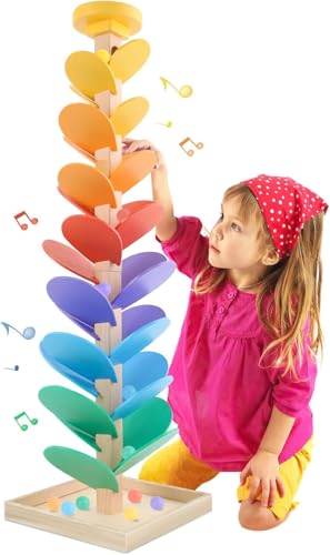 PKKP Klangbaum, Motorikbaum aus Holz Musikbaumspielzeug, Regenbogen Kugelbahn Motorikspielzeug, Kugelbahn Holz Montessori Spielzeug ab 3 Jahre (30 Blätter)