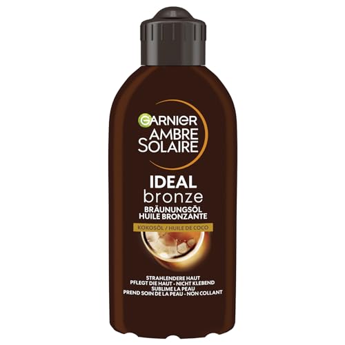 Garnier Bräunungsöl für vorgebräunte und dunkle Haut, Feuchtigkeitsspendendes Sonnenöl mit Kokosduft für intensive Bräune, Ambre Solaire Ideal Bronze, 1 x 200 ml