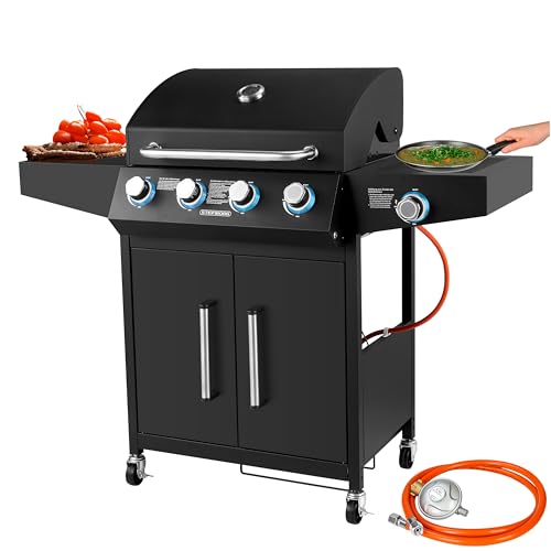 Gasgrill 4 Brenner inkl. Gasschlauch Grillwagen Gasgrill mit Seitenbrenner Beleuchtete Drehknöpfe Grillstation Gasgrillgerät Gasgrillstation Gaskocher Grill mit Gasbetrieb Gas-Außenküche Gasbarbecue