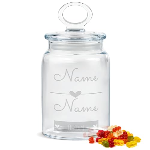 PR Print Royal Personalisierte Keksdose aus Glas mit Gravur - 800 ml - Linie mit Herz mit Namen und Datum als Geschenk für Frauen zum Jahrestag | Personalisiertes Geschenk Ideen Jahrestag