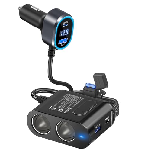 PD 65W Laptop KFZ Verteiler 200W: Auto Zigarettenanzünder Adapter 12V Dual USB C Ladegerät 2 Mehrfach Steckdose 12 Volt DC Stecker Splitter mit LED Voltmeter für iPhone Sitzheizung GPS Kamera Navi