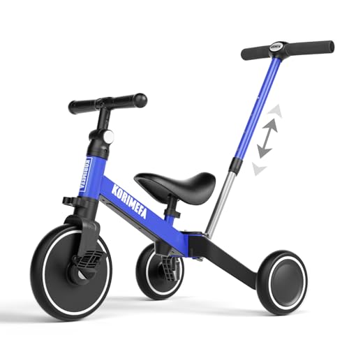 KORIMEFA 4 in 1 Laufräder Laufrad Kinderdreirad Dreirad Lauffahrrad Lauflernhilfe mit Schubstange für Kinder ab 1 Jahre bis 3 Jahren (Blau（mit Schubstange）)
