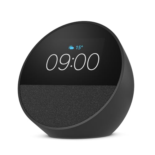 Zertifiziert und generalüberholt Amazon Echo Spot (2024), smarter Wecker mit sattem Klang und Alexa, Schwarz