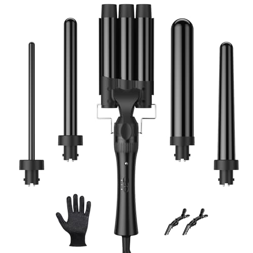 ELEHOT-Store Lockenstab 3 Fässer Welleneisen Lockenstab 5 in 1 Keramikbeschichtung 5 Zubehörteile 10–32 mm Lockenwickler Multifunktional mit Handschuhen 2 Clips