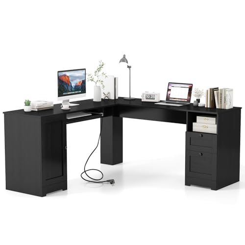 COSTWAY Schreibtisch L-Form, Eckschreibtisch mit Ladestation, Tastaturablage, Schrank und 2 Schubladen, Ecktisch, Computertisch, Bürotisch für Zuhause oder Büro, 168 x 168 x 76 cm (Schwarz)