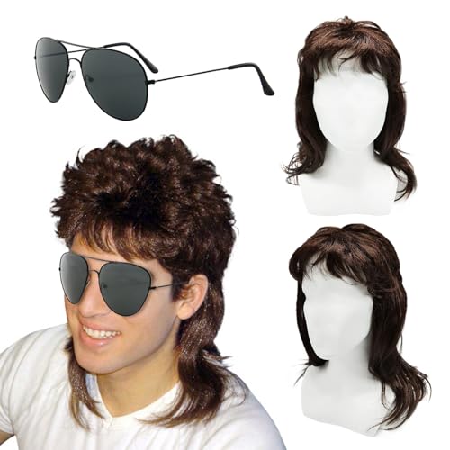 XNIVUIS Herren Vokuhila Perücke Braun Lockig, Männer Blonde Vokuhila 80er Mullet Perücke,70er 80er Cosplay Kostüm Halloween Perücke Retro Disco Punk Rocker Perücken,Disco Fancy Party Perücken (2 Pcs)