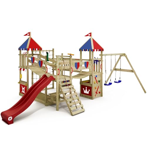 WICKEY Spielturm Ritterburg Smart Queen mit Schaukel & Rutsche, Outdoor Kinder Kletterturm mit Sandkasten, Leiter & Spiel-Zubehör für den Garten (rot/rot-blau)