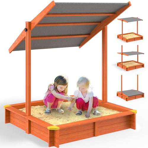 Spielwerk® Sandkasten Max Sonnendach 140x140x120cm imprägniertes Holz Füllstand Skala UV 50+ Kantenschutz Bodenvlies Sandspielzeug Kinder Sandbox Sandkiste