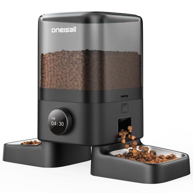 oneisall 5L Futterautomat Katze Kabellos 2 Näpfe, Katzenfutter Automat mit 304 Edelstahlnapf, 1-6 Mahlzeiten pro Tag, Futterspender Trockenfutterspender für Hunde Katzen