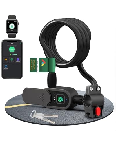 Fingerabdruck-Kabelschloss mit Schlüssel, wasserdichtes Fahrradschloss, eLinkSmart 150 cm lang, Stahlkabelschloss für Fahrrad, Roller, Motorrad, Tür, Zaun, Tor, Telefon, App und iOS, Uhr entsperren,