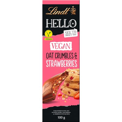 Lindt Schokolade HELLO Vegan Oat Crumble & Strawberries | 100 g | Vegan mit Kakao, Mandelmark, Haferkeks und Erdbeerstückchen Haferkeks und Erdbeerstückchen | Schokoladentafel | Schokoladengeschenk