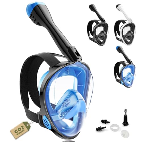 Schnorchelmaske Erwachsene Vollgesichtsmaske – CO₂ sicher Wasserdicht & Beschlagfrei Tauchmaske mit Kamera Halterung – Tauchermaske mit Tragetasche & Ohrstöpsel (blau, L-XL)