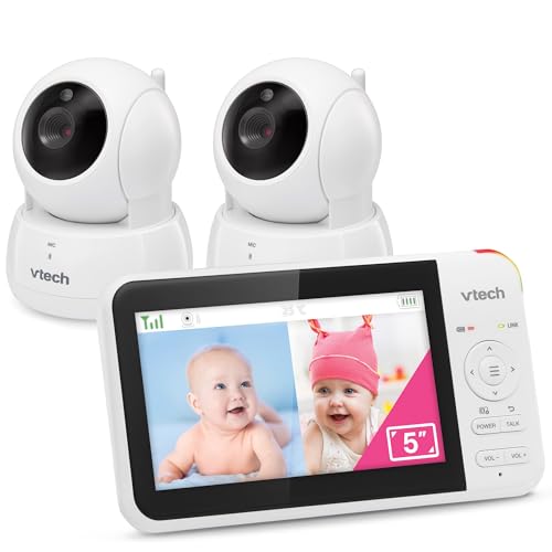 VTech VM924-2 Video-Babyphone mit 2 Kameras, Schwenk- und Neige, Babyphone mit 5 Zoll LCD-Bildschirm, bis zu 17 Stunden Akkulaufzeit, 1,33-facher Zoom, Nachtsicht, 300 m Lange Reichweite, beruhigende