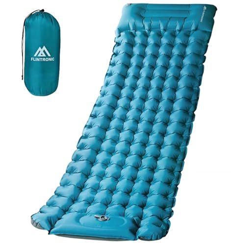 flintronic Camping Isomatte Selbstaufblasend mit Fußpresse Pumpe, 10CM Thick Wasserdicht Isomatte mit Kopfkissen, Outdoor Aufblasbare Luftmatratze, Faltbar Schlafmatte für Outdoor, Camping, Blau
