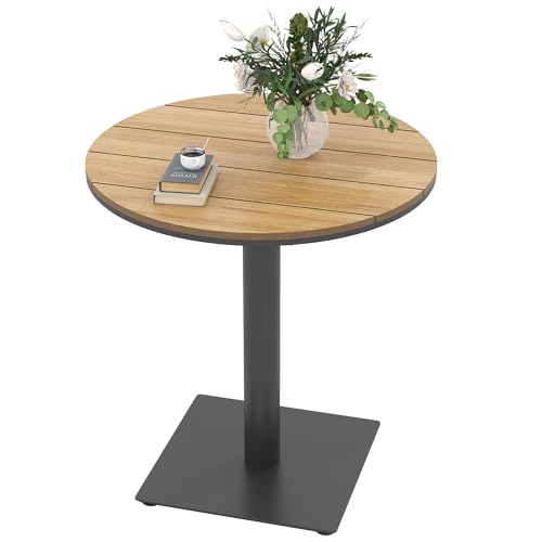 Outsunny Gartentisch Ø70 cm, Wetterfest Rund Balkontisch mit Lamelldesign, Stahl Esstisch Outdoor, Campingtisch Beistelltisch, Terrassentisch für Garten Terrasse Balkon Naturholz