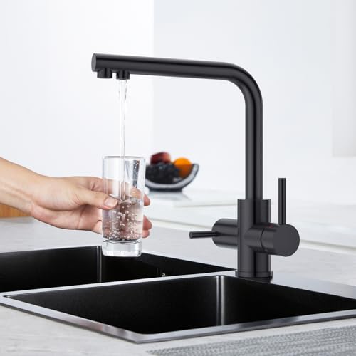 CREA 3 Wege Wasserhahn Küche Schwarz, 360° Drehbar Küchenarmatur, 3 in 1 Mischbatterie Küche für Wasserfilter, Trinkwasserhahn mit Doppelhebel, Drei Wege Armatur, Matt Schwarz