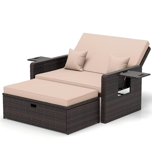 UDPATIO Rattan Lounge Möbel Outdoor,Lounge Balkonmöbel Gartensofa mit Hocker,Rattan Sofa mit Stauraum, Verstellbares 2 Sitzer Garten-Bett für Terrasse,Garten,Braun+Schwarz & Cremefarbene Bezüge