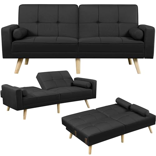 Yaheetech Klappsofa mit Schlaffunktion Schlafsofa Couch mit Verstellbarer Rückenlehne, Loungesofa Bettsofa Liegefläche 163 x 106 cm, fürs Wohnzimmer/Schlafzimmer/Gästezimmer, Schwarz