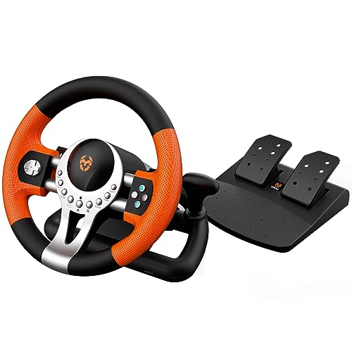 KROM K-DRIVER - Multiplattform Lenkrad und Pedale Set, Schalthebel und Paddles am Lenkrad, Vibrationseffekt, Kompatibel Pc, Ps3, Ps4 und Xbox, Schwarz/Orange