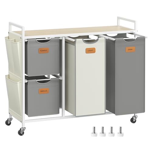 VASAGLE Wäschekorb 4 Fächer, Wäschesammler 150 L, Wäschesortierer, Rollen, Wäschewagen mit Ablage, Wäschesack, kleine seitliche Taschen, 6 Etiketten, naturbeige-taubengrau-cremeweiß BLH203G01