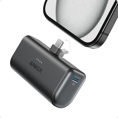 Anker Nano Powerbank, 5000mAh Powerbank 22.5W, Integrierter Faltbarer USB-C Konnektor, Kompatibel mit iPhone 16/15, Samsung S22/23 Serie, Note20 Serie, Huawei, iPad Pro/Air, AirPods und mehr(Schwarz)