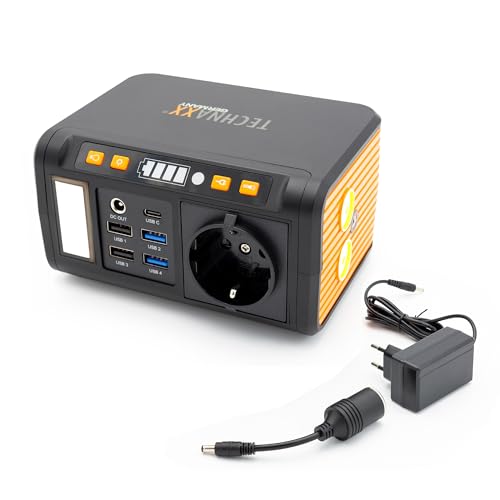 Technaxx Mini Powerstation TX-205 mit LED Panel, Lampe, 5X USB - 74Wh Powerbank 230V mit eingebauter Steckdose für Laptop, Handy, Mini-Kühlschrank etc., Kompatibel mit Solarladegeräten