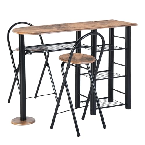 GOKHOMX Bistrotisch Set mit 2 Klappstühlen, Esstisch mit 2 Stühlen Küchentisch Klein mit 2 Klappstühlen Esstisch-Set für 2 Personen Bartisch mit Barhocker für Küchen Bars Bistros Cafés Balkon
