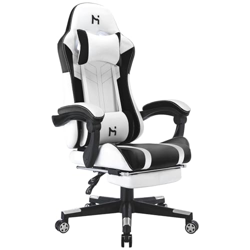 HLONONE Gaming Stuhl, Bürostuhl Ergonomisch, Gamer Stuhl Höhenverstellbar, PC Stuhl mit Kopfstütze, Lendenkissen und Armlehnen, Rückenlehne verstellbar 90-135°, Tragfähigkeit 200 kg
