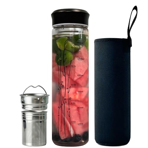 drinmoaer 650ml Trinkflasche Glas mit Schwarzer Edelstahldeckel und Hülle für losen Tee, Teeflasche mit Sieb to go