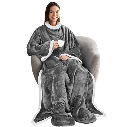 Catalonia Classy Tragbare Decke mit Ärmeln und Fußtaschen, Bequeme Kuscheldecken für Frauen, Erwachsene, Männer, Fleece, warme, gemütliche Decke, Geschenkideen