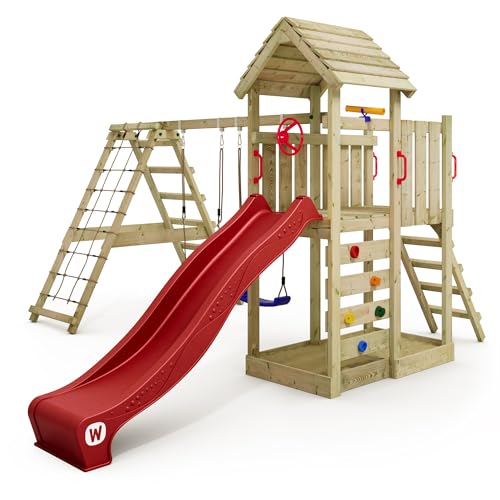 WICKEY Spielturm Klettergerüst RocketFlyer mit Schaukel & Roter Rutsche, Outdoor Kinder Kletterturm mit Sandkasten, Leiter & Spiel-Zubehör für den Garten