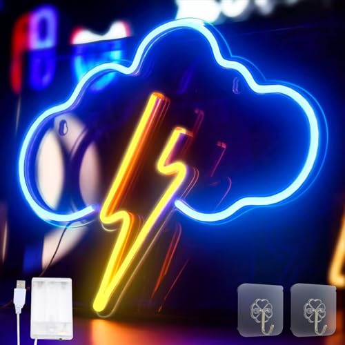 Gebiuhoo Wolke und Blitz Neonlicht, LED Neon Wall Sign Neon Schilder Blau und Gelb Licht Farbe Gaming Zimmer Wanddekoration für Raumdekor Weihnachten Geburtstag mit 2 Haken (USB und batteriebetrieben)