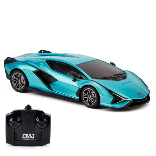 CMJ RC CARS 1:24 Maßstab Offiziell Lizenzierte RC Lamborghini Sián FKP 37, Blaues Lambo Sport Rennspielzeugauto Modellfahrzeug für Jungen Mädchen und Erwachsene Geschenk