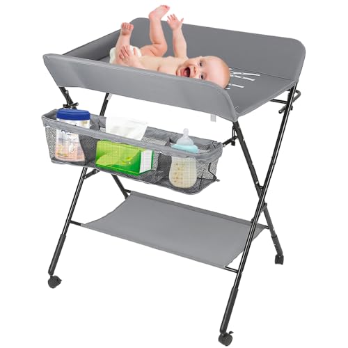 Baby Klappbarer Wickeltisch，Mobiler Wickeltisch mit Rollen und Wickelauflage,Wasserdicht und Höhenverstellbar，Baby Wickelkombi mit Ablagefächern-80 * 66 * 98cm grau