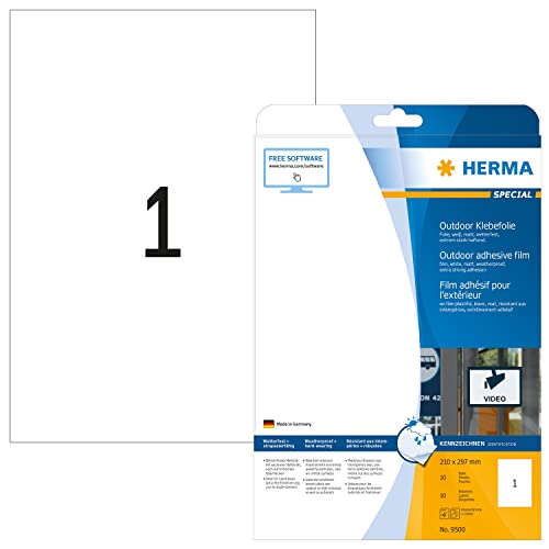 HERMA 9500 Wetterfeste Folienetiketten, 10 Blatt, 210 x 297 mm, 1 pro A4 Bogen, 10 Stück, selbstklebend, bedruckbar, matt, blanko Outdoor Klebeetiketten Aufkleber aus Polyethylen, weiß