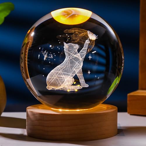 Sporgo 3D Kristallkugel Nachtlicht: 3,15inch Katzen Glaskugel Lampe USB 3D Katze Nachtlicht, 7 Farben Glaskugel Nachtlampe mit LED Holzsockel, für Weihnachten, Erntedankfest, Valentinstag, Wohnkultur