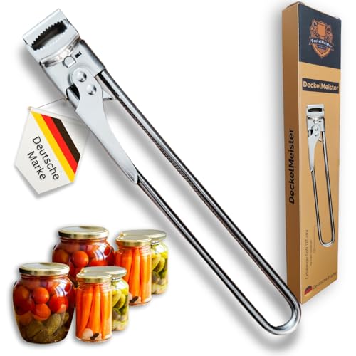 DECKELMEISTER - Edelstahl Deckelöffner, extralanger Hebel, sehr rutschfest, verstellbar, multifunktional, Glas- & Schraubdeckelöffner, verstellbare Öffnungshilfe, optimiertes Design für Senioren