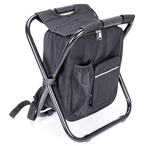 Nexos Trading Campinghocker mit Tasche schwarz, klappbar tragbar Sitzruckrack, Picknicktasche leicht stabil Angelhocker Rucksackstuhl 42x36x29 cm Kühltasche 1,8L Hocker (Farbe wählbar) (Schwarz)
