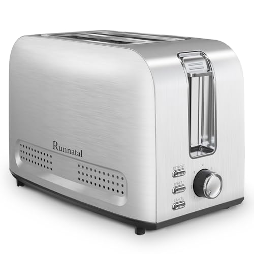 Runnatal Toaster–2 Toastschlitze, Edelstahl Toaster, Toaster 2 scheiben, 7 Stufen, Auftaufunktion, Aufwärmfunktion, Liftfunktion, Abschaltautomatik, Extra Breite Toastschlitze, Silber