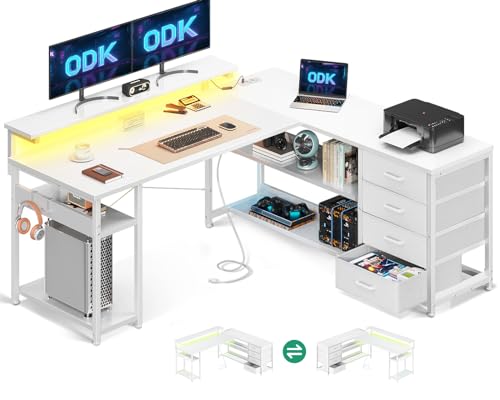 ODK Schreibtisch mit Schubladen, Reversible Eckschreibtisch mit 2 Steckdosen und 2 USB Ladeanschluss, Bürotisch L Form mit LED für Home Office 135×110cm (Alles Weiß)