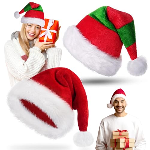 Dashfor 2Pcs Santa Hut Weihnachten Hüte für Erwachsene, Weihnachtsmann Xmas Party Hüte, Samt Comfy Santa Outfit für Neujahr Festliche Feier
