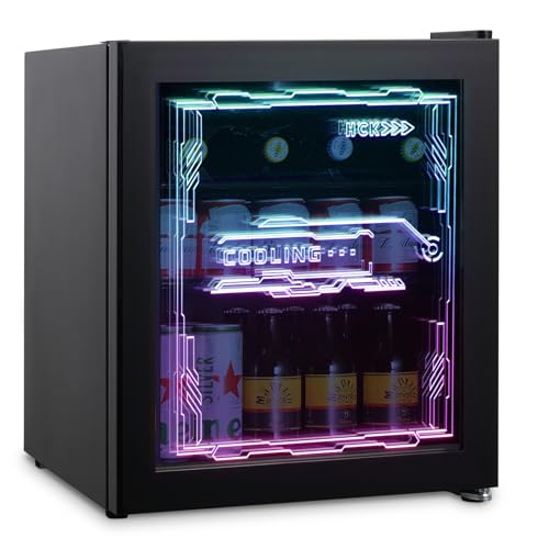 HCK Mini Kühlschrank 48L, Getränkekühlschrank mit Glastür und LED Beleuchtung, Cyberpunk Design, leise 39dB, 0-10℃ Bierkühlschrank für Gaming Room, Party, Bar, Schwarz