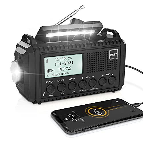 DAB/DAB+/UKW Digitalradio mit Eingebaute 5000mAh Akku Solar Radio Notfallradio mit USB Handyladefunktion Camping Radio mit LED Taschenlampe Leselampe SOS Alarm Tragbares Kurbelradio für Outdoor