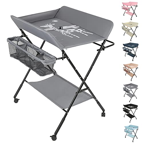 OHMG Baby Wickelkombi Klappbare Wickelkommode,Wickeltisch mit Rollen,Mobiler Wickeltisch mit Wickelauflage,Sicherheitsgurt und Ablagefächern,Wasserdicht und Höhenverstellbar,Stabil