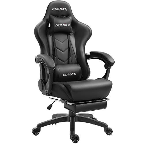 Dowinx Gaming Stuhl Ergonomischer Gamer Stuhl mit Lendenwirbelstütze, PC Bürostuhl Rückenlehne Verstellbarer Drehsessel mit Fußstütze (Schwarz)